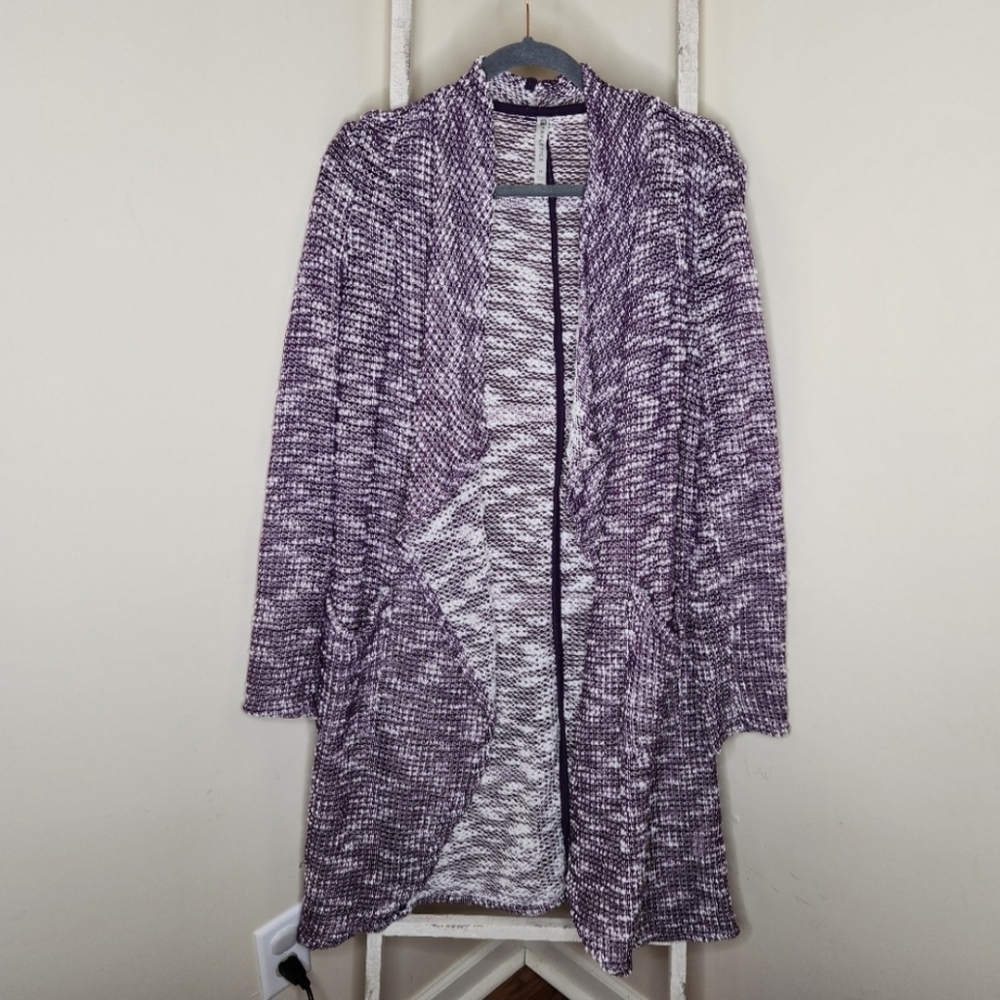 Fabletics duster cardigan womens size medium purple white Moscow wrap